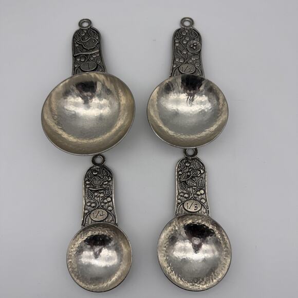 Crosby & Taylor Pewter Measuring Cup Set of 4 Hammered Bird Floral Kitchen Decor - Picture 2 of 8